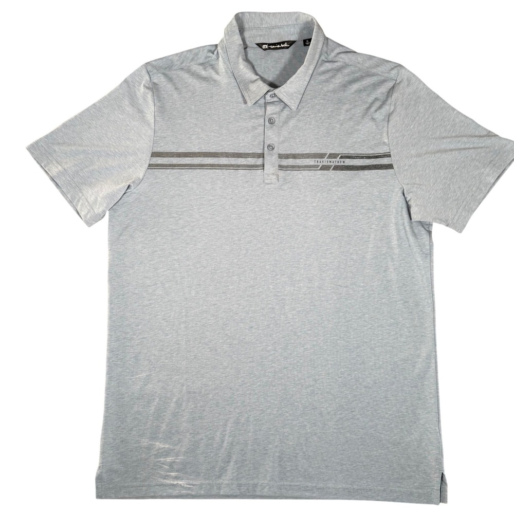 TravisMathew Polo Shirt Mens XL Blue Heathered Chest Stripe‎ Performance Golf